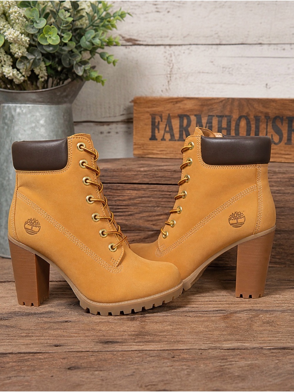 Timberland Women's Wheat Lace-Up Block Heel Boots with Dark Brown Collar